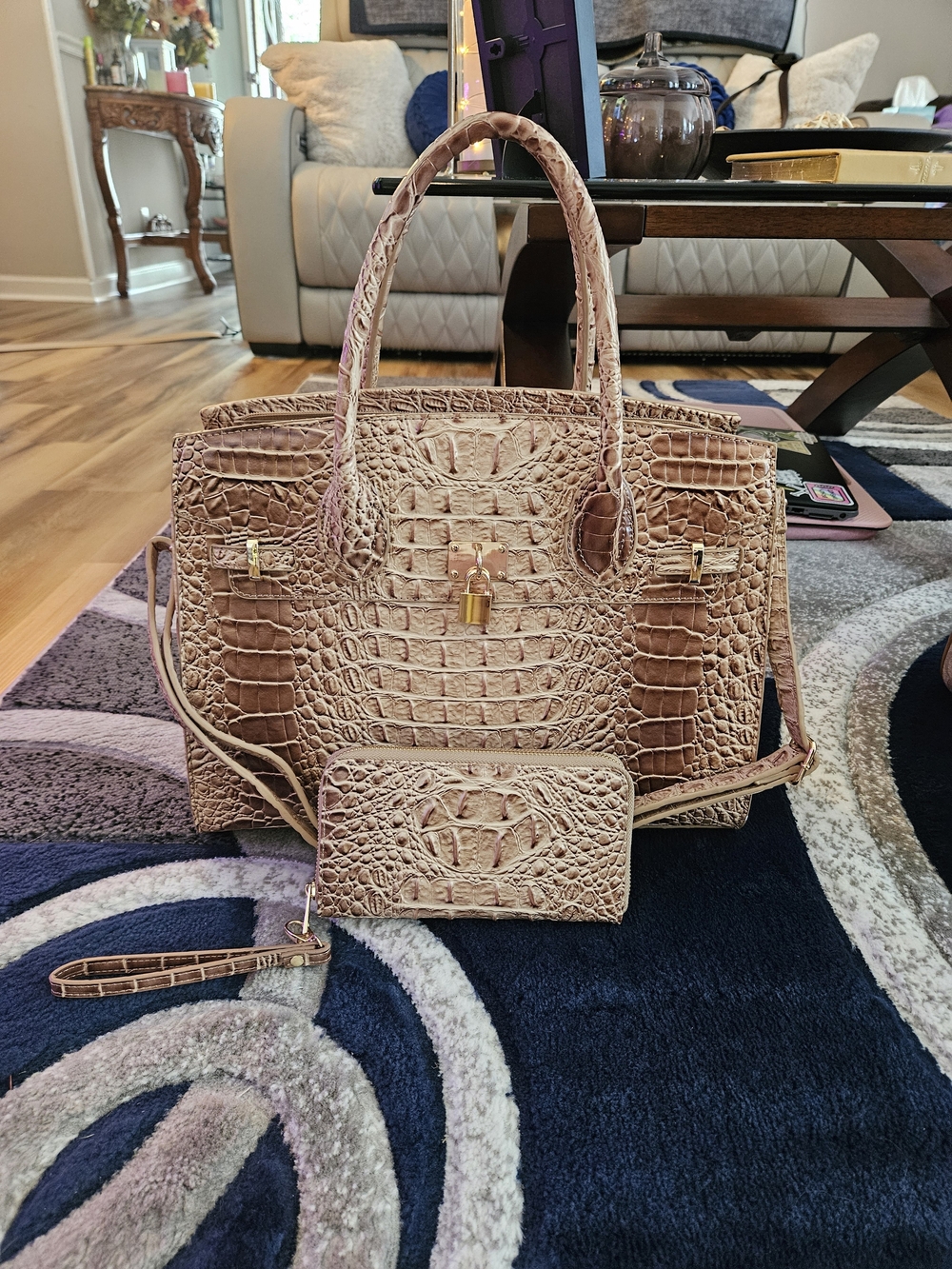 Non-branded Croc-Embossed Satchel & Wallet Set- Beige 2 Toned